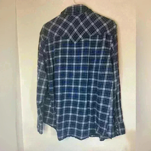 Wrangler Mens Large Long Sleeve Pearl Snap Pockets Collared Shirt Blue Plaid - Picture 6 of 6